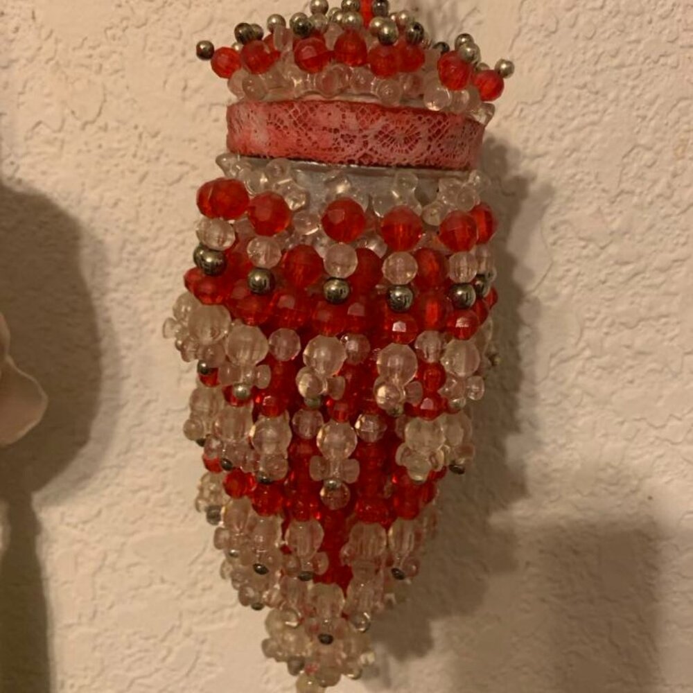 EUC Vintage Red and Clear Beaded Tea Ball Container Ornament